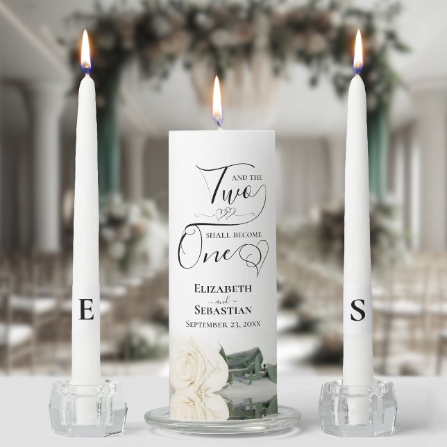 And the Two Shall Become One Elegant White Rose Unity Candle Set (Creator Uploaded)
