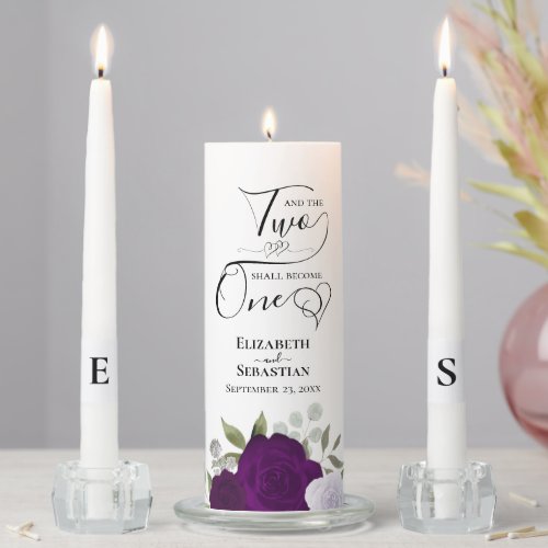 And the Two Shall Become One Purple Boho Roses Unity Candle Set
