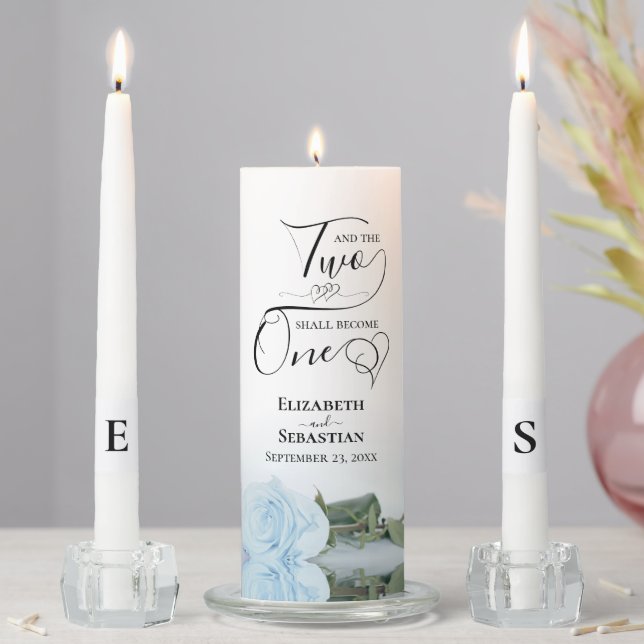 And Two Shall Become One Elegant Dusty Blue Rose Unity Candle Set (In Situ)