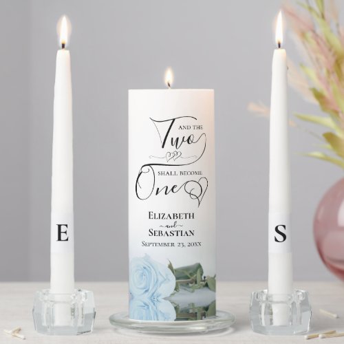 And Two Shall Become One Elegant Dusty Blue Rose Unity Candle Set