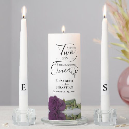 And Two Shall Become One Elegant Plum Purple Rose Unity Candle Set
