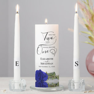 And Two Shall Become One Elegant Royal Blue Rose Unity Candle Set