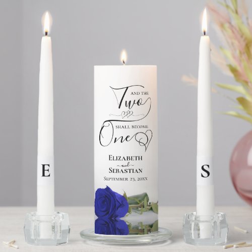 And Two Shall Become One Elegant Royal Blue Rose Unity Candle Set