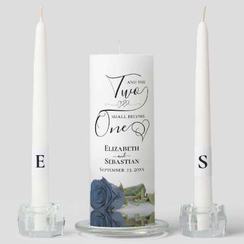 And Two Shall Become One Elegant Steel Blue Rose Unity Candle Set