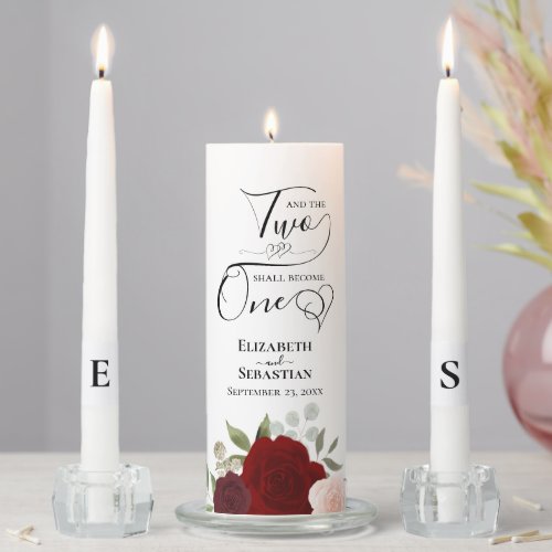 And Two Shall Become One Red  Pink Boho Roses Unity Candle Set