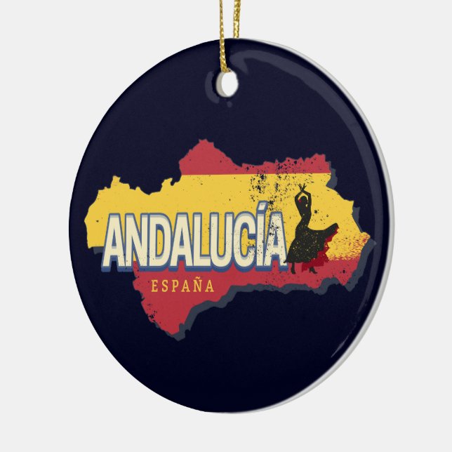 Andalusia Spain Retro Map Vintage Flamenco Holiday Ceramic Ornament (Left)