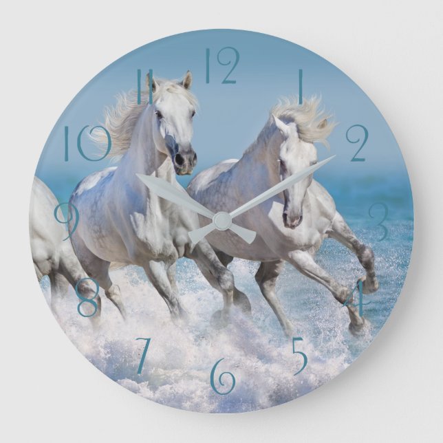 Andalusian white horses run in the waves large clock (Front)
