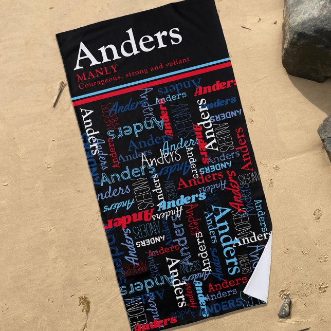 Anders personalized name meaning black red blue beach towel (Creator Uploaded)