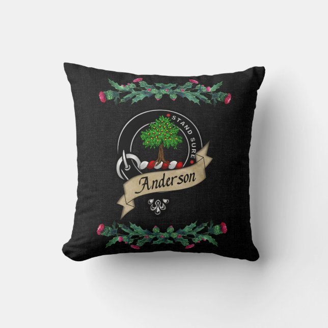 Anderson Clan Badge & Tartan Thistle Throw Pillow (Front)