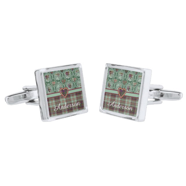 Anderson clan Plaid Scottish tartan Silver Cufflinks (Angled)