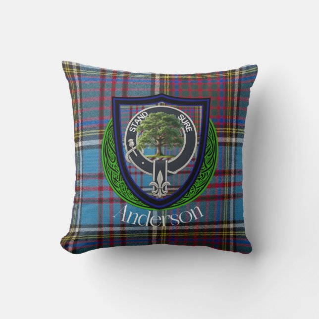 Anderson Scottish Clan Tartan and Crest Throw Pillow (Front)