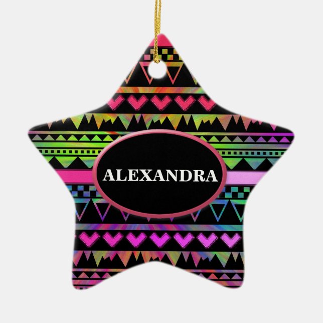 Andes Aztec Tribal Native Geometric Tie Die Neon Ceramic Ornament (Front)