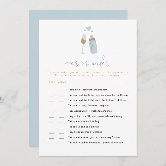 ANDI Blue Poppin' Bottles Over or Under Baby Game Invitation (Front/Back)