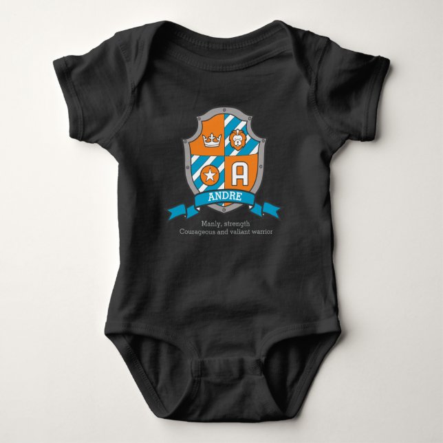 Andre boys A name & meaning knights shield Baby Bodysuit (Front)