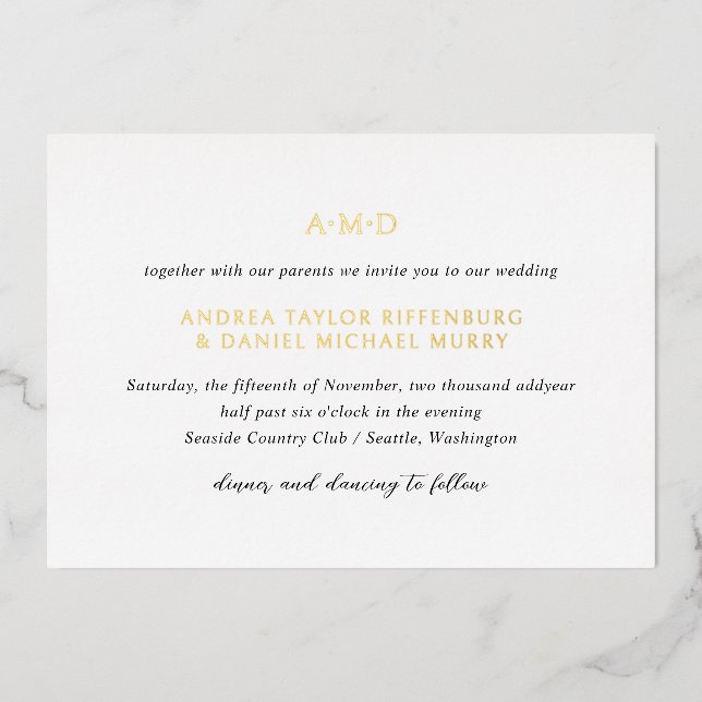Andrea Black White Elegant Wedding Foil Invitation (Front)