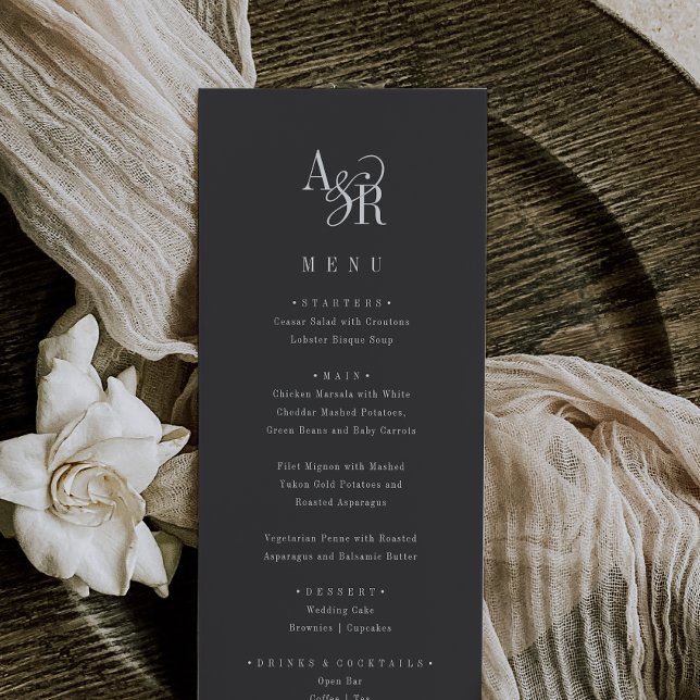 ANDREA Classic Gray Dark Academia Monogram Wedding Menu (ANDREA Classic Gray Dark Academia Monogram Wedding Menu)