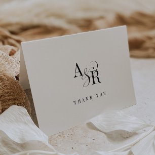 ANDREA Folded White Black Monogram Formal Wedding Letterpress Thank You Card