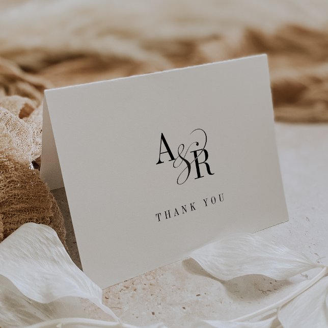 ANDREA Folded White Black Monogram Formal Wedding Thank You Card (ANDREA Folded White Black Monogram Formal Wedding Thank You Card)