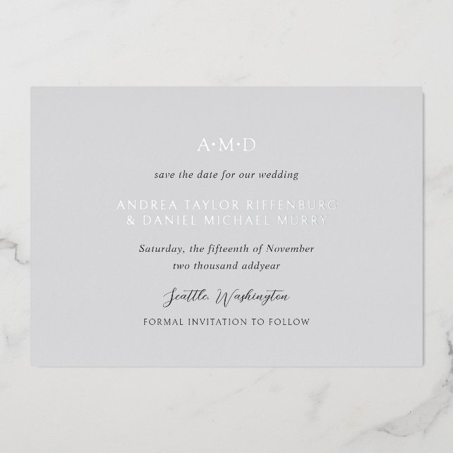 Andrea Gray Elegant Wedding Save the Date Foil Invitation (Front)
