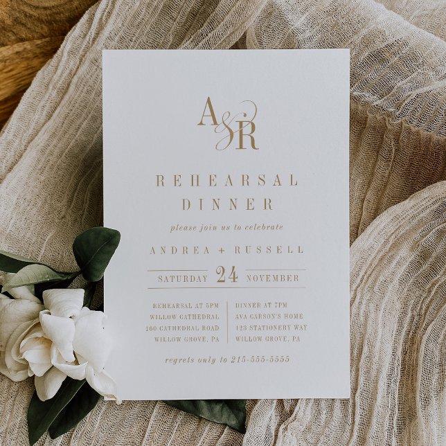 ANDREA Monogram Boho Gold Minimal Rehearsal Dinner Invitation (ANDREA Monogram Boho Gold Minimal Rehearsal Dinner Invitation)