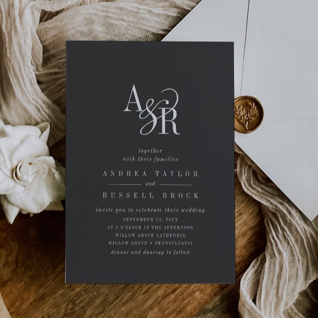 ANDREA Monogram Classic Dark Gray Moody Wedding Invitation (ANDREA Monogram Classic Dark Gray Moody Wedding Invitation)