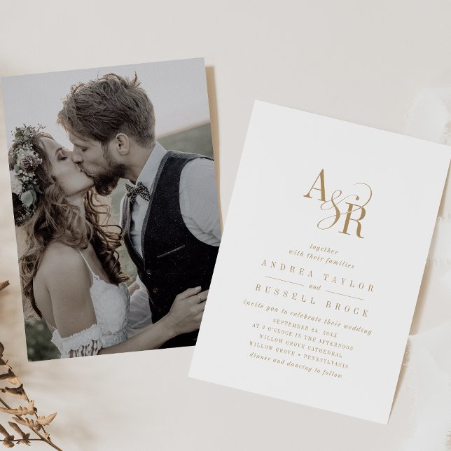 ANDREA Monogram Gold Simple Minimal Photo Wedding Invitation (ANDREA Monogram Gold Simple Minimal Photo Wedding Invitation)