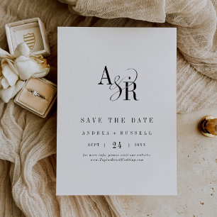 ANDREA Monogram Simple Modern White Black Wedding Save The Date