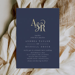 ANDREA Navy Blue Gold Foil Formal Elegant Wedding Invitation