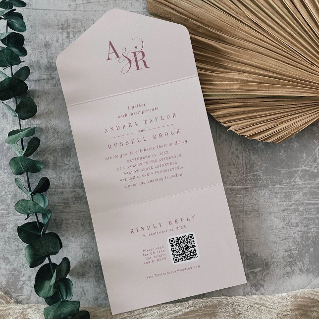 ANDREA QR Code Burgundy Blush Pink Simple Wedding All In One Invitation (ANDREA QR Code Burgundy Blush Pink Simple Wedding All In One Invitation)