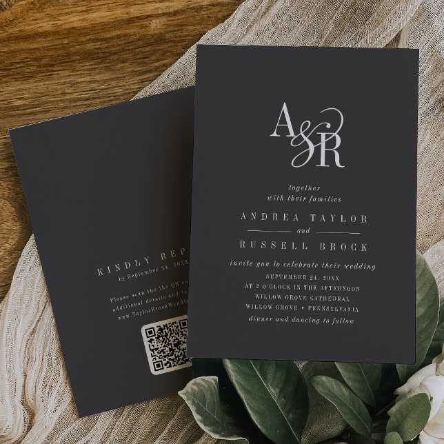 ANDREA QR Code Gray Dark Academia Initials Wedding Invitation (ANDREA QR Code Gray Dark Academia Initials Wedding Invitation)