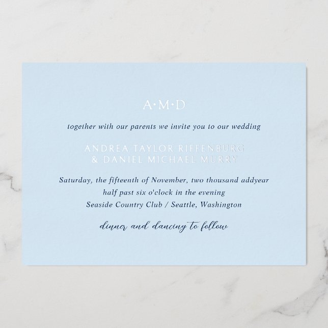 Andrea Sky Blue Elegant Wedding Foil Invitation (Front)