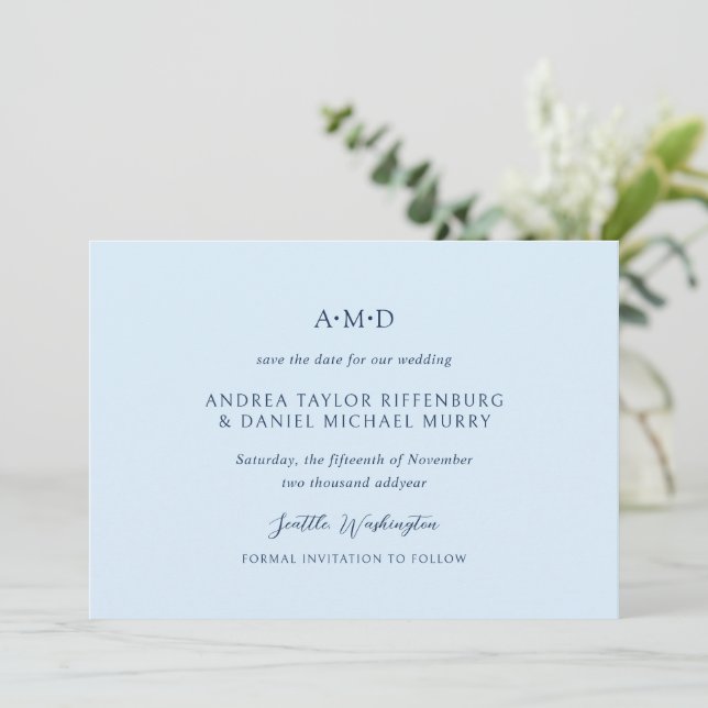 Andrea Sky Blue Elegant Wedding Save The Date (Standing Front)