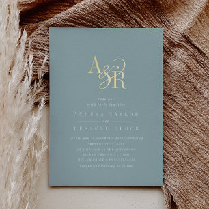 ANDREA Teal Blue Gold Foil Formal Elegant Wedding Invitation