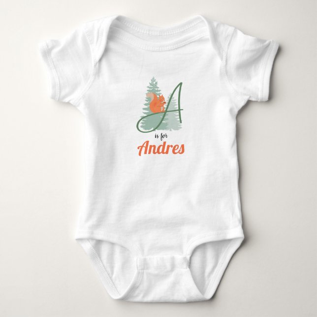 Andres Name Reveal Letter A Woodland Boy Squirrel Baby Bodysuit (Front)
