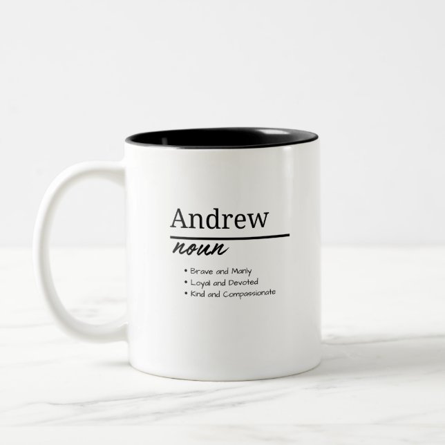 Andrew, Boy Personalized Name Definition Two-Tone Coffee Mug (Left)