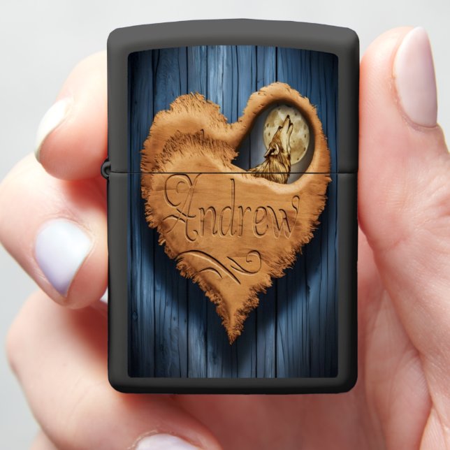 Andrew Carved Wooden Heart With Wolf Zippo Lighter (In Hand)