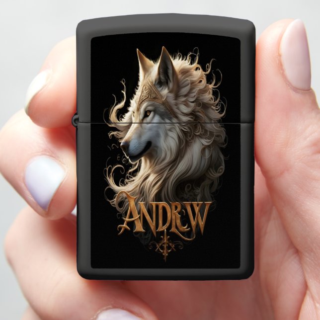 Andrew Golden Wolf Portrait Zippo Lighter (In Hand)