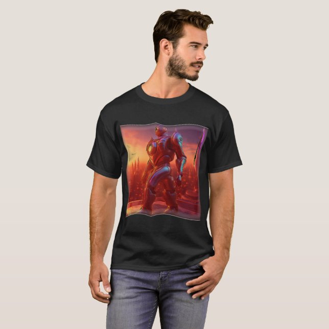 Android Marches Across Rooftop As He Watches City T-Shirt (Front Full)