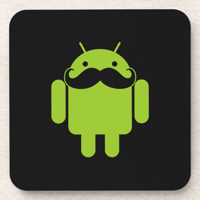 Android Robot Icon Mustache on Black Beverage Coaster (Front)