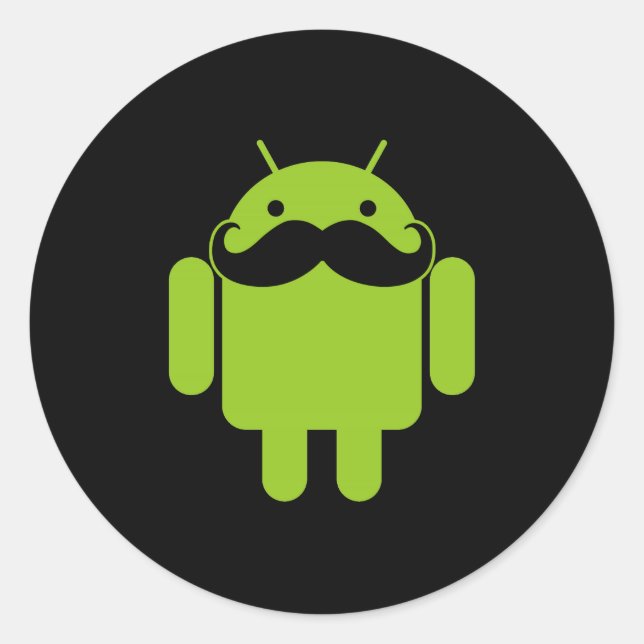 Android Robot Icon Mustache on Black Classic Round Sticker (Front)