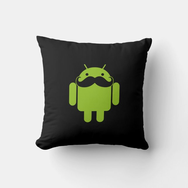 Android Robot Icon Mustache on Black Throw Pillow (Front)
