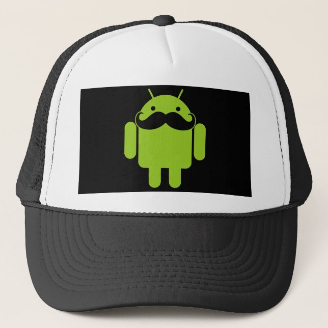 Android Robot Icon Mustache on Black Trucker Hat (Front)