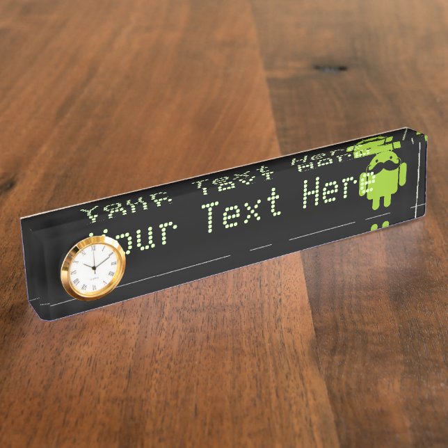 Android Robot Mustache on Black Desk Name Plate (Side)