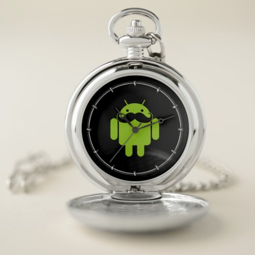 Android Robot Mustache Style on Black Pocket Watch