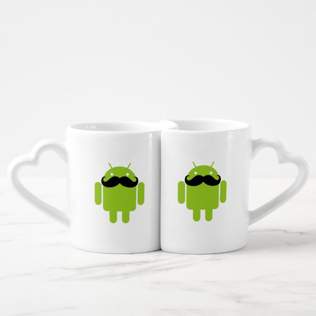 Android Robot Whimsical Mustache Style Coffee Mug Set (Front Nesting)