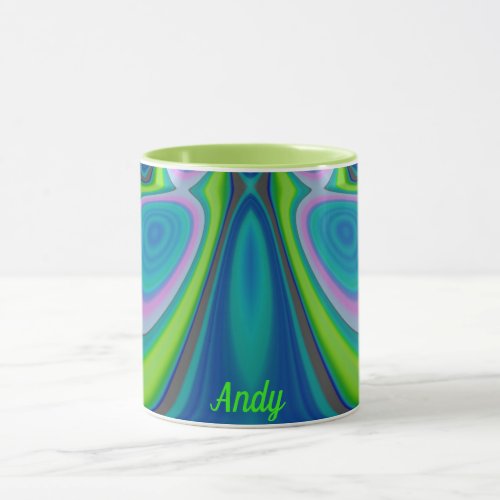 ANDY  Zany 3D Fractal  Blue Green Pink Yellow  Mug