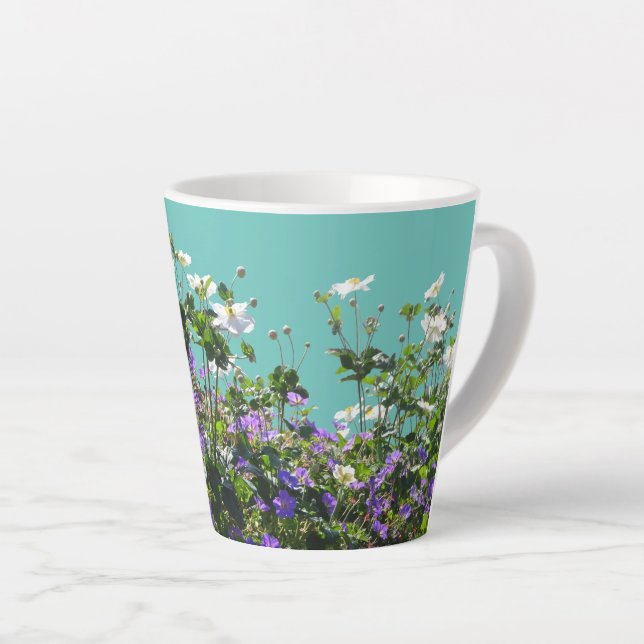 Anemone and Geranium Cust. Turqoise Latte Mug (Right Angle)