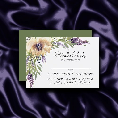 Anemone and Lavender  Purple Green Cream Wedding RSVP Card
