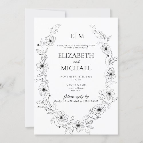 Anemone Black  White Floral Monogram Post Wedding Invitation