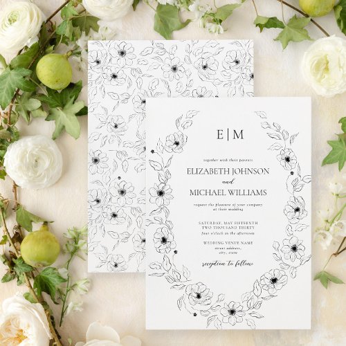 Anemone Black  White Floral Monogram Wedding Invitation